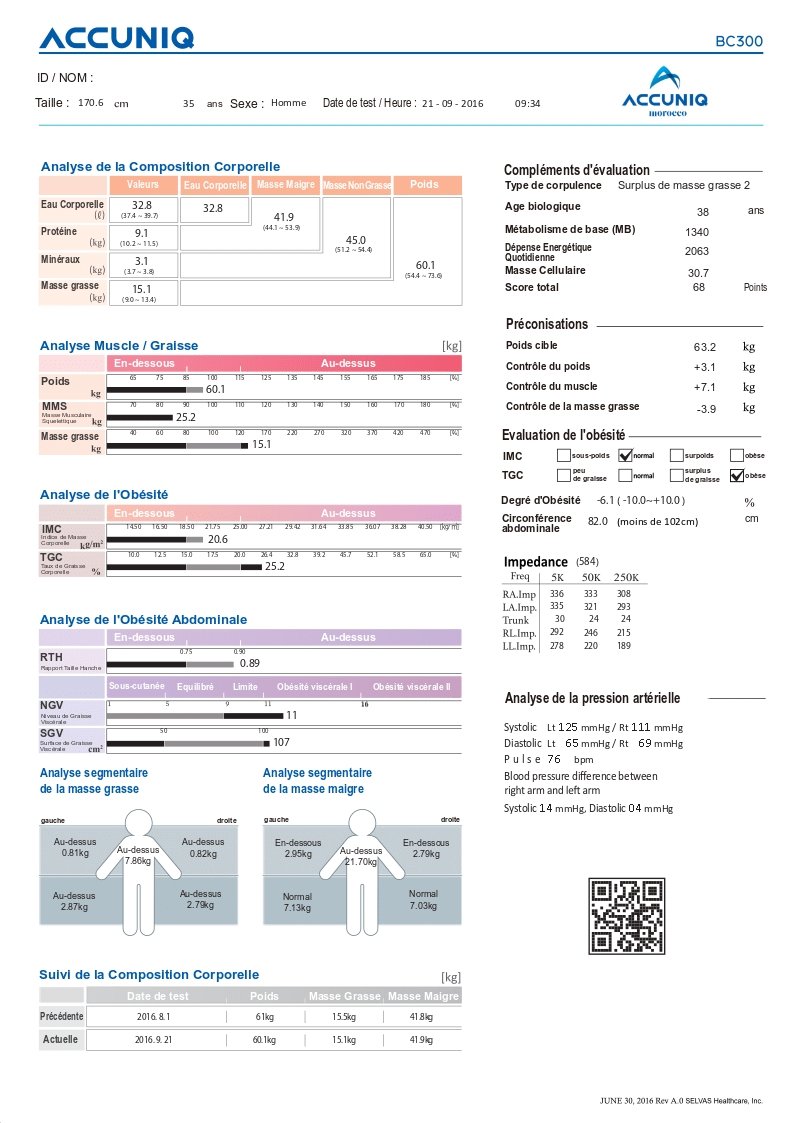 Fiche de résultats ACCUNIQ BC300 adulte